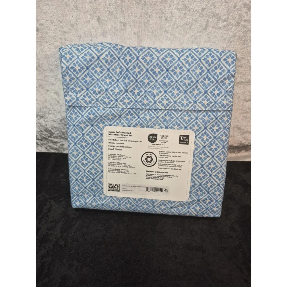 MAINSTAYS Super Soft Sheet Set T/TXL BRUSHED MICROFIBER‎ Blue Cool Geo/ New
